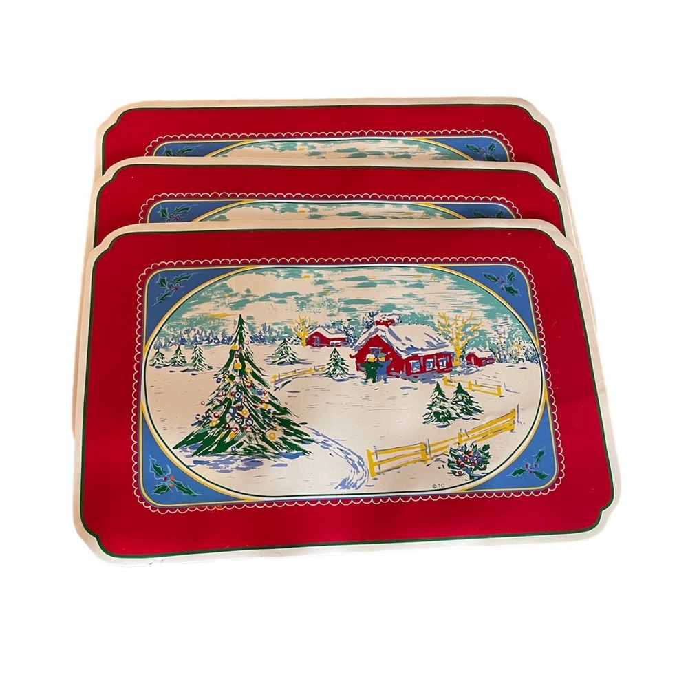 3 Vintage Town & Country Vinyl Christmas Placemats red and white 17.25x11.5.